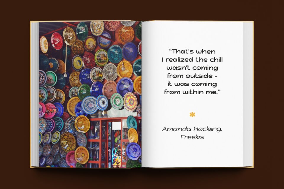 A book mockup displaying a quote in Komika Sans font, "That’s when I realized the chill wasn’t coming from outside – it was coming from within me."