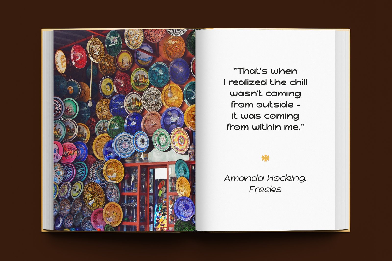 A book mockup displaying a quote in Komika Sans font, "That’s when I realized the chill wasn’t coming from outside – it was coming from within me."