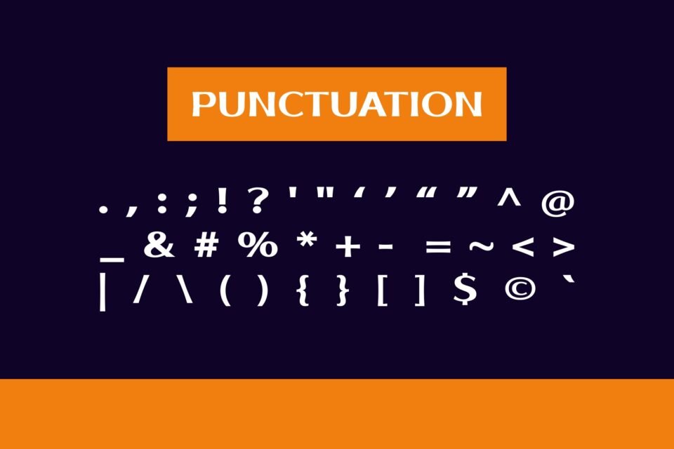 A dark blue banner displaying a variety of punctuation marks and symbols available in the Kripto font. The heading "PUNCTUATION" is in an orange box.