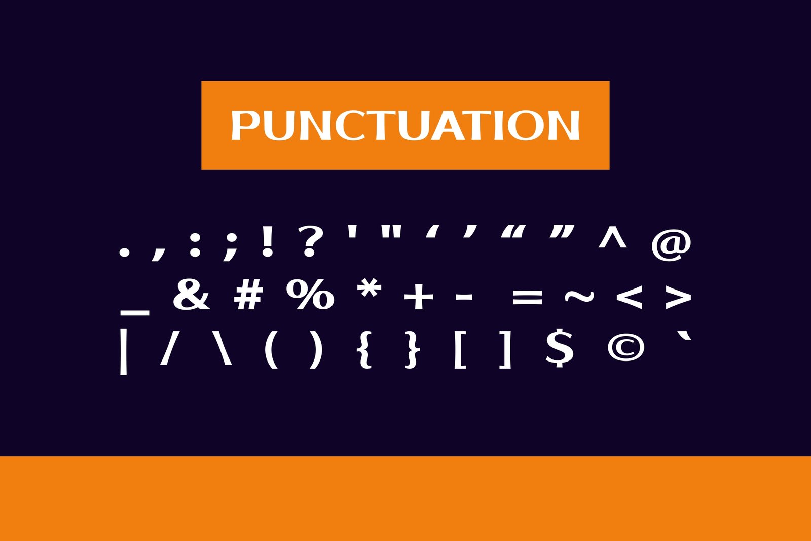 A dark blue banner displaying a variety of punctuation marks and symbols available in the Kripto font. The heading "PUNCTUATION" is in an orange box.