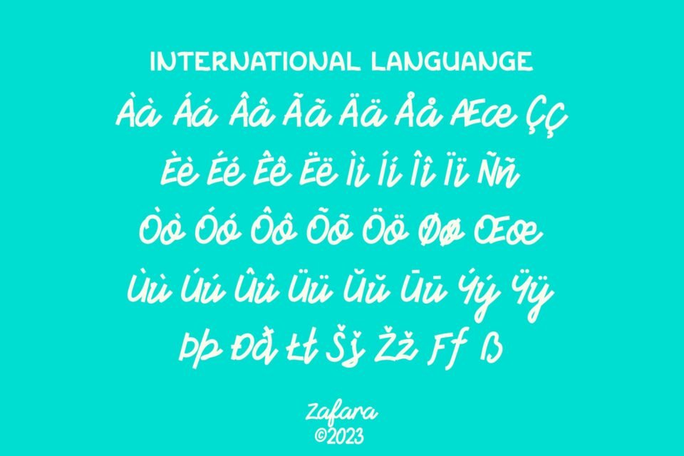 A preview of the Birdmello font's international character support, showing accented letters and unique glyphs on a blue-green background.