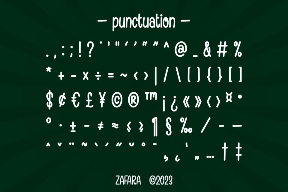 A comprehensive chart of all punctuation, symbols, and special characters included in the Branchery font.