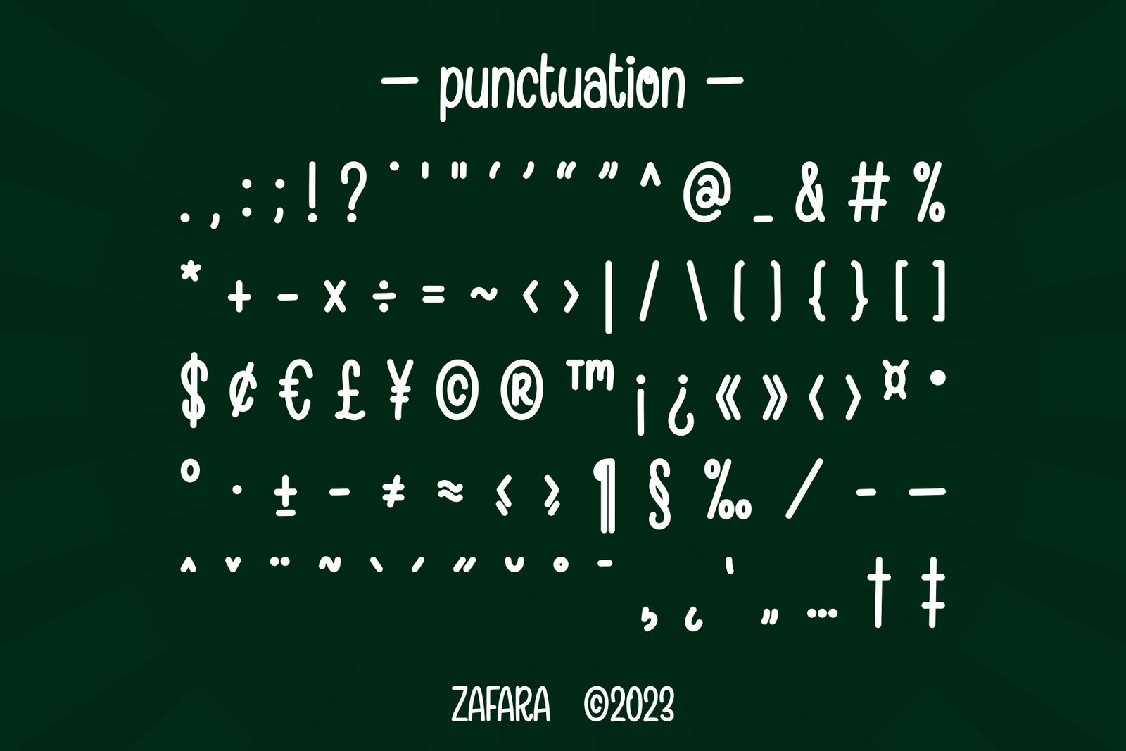 A comprehensive chart of all punctuation, symbols, and special characters included in the Branchery font.