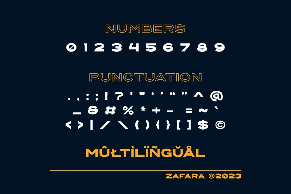 A display of numbers, punctuation marks, and multilingual characters available with the Courages font.