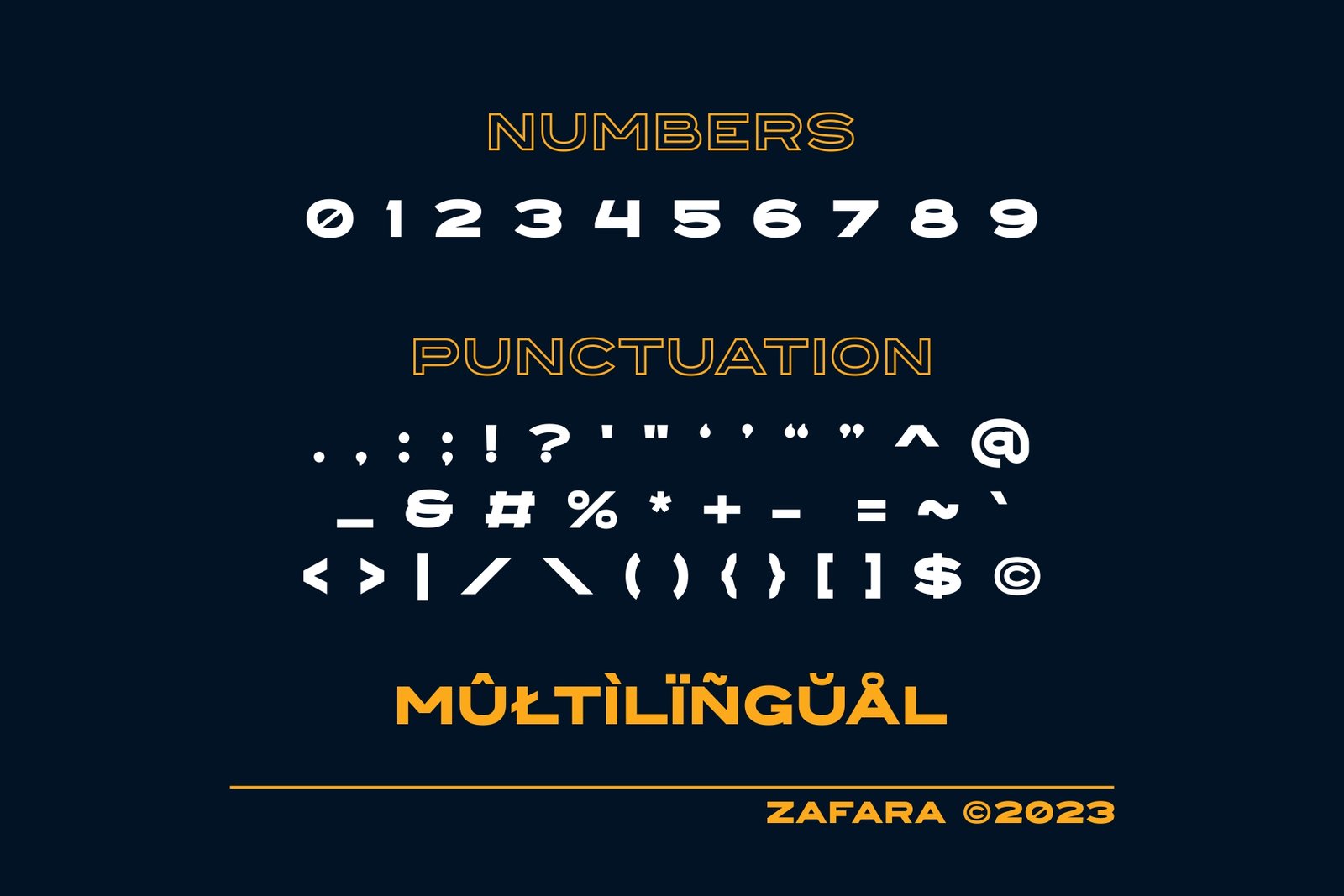 A display of numbers, punctuation marks, and multilingual characters available with the Courages font.