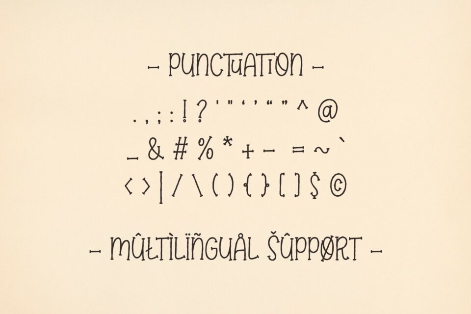 A preview of the Elabora font's punctuation marks and its support for multilingual characters.