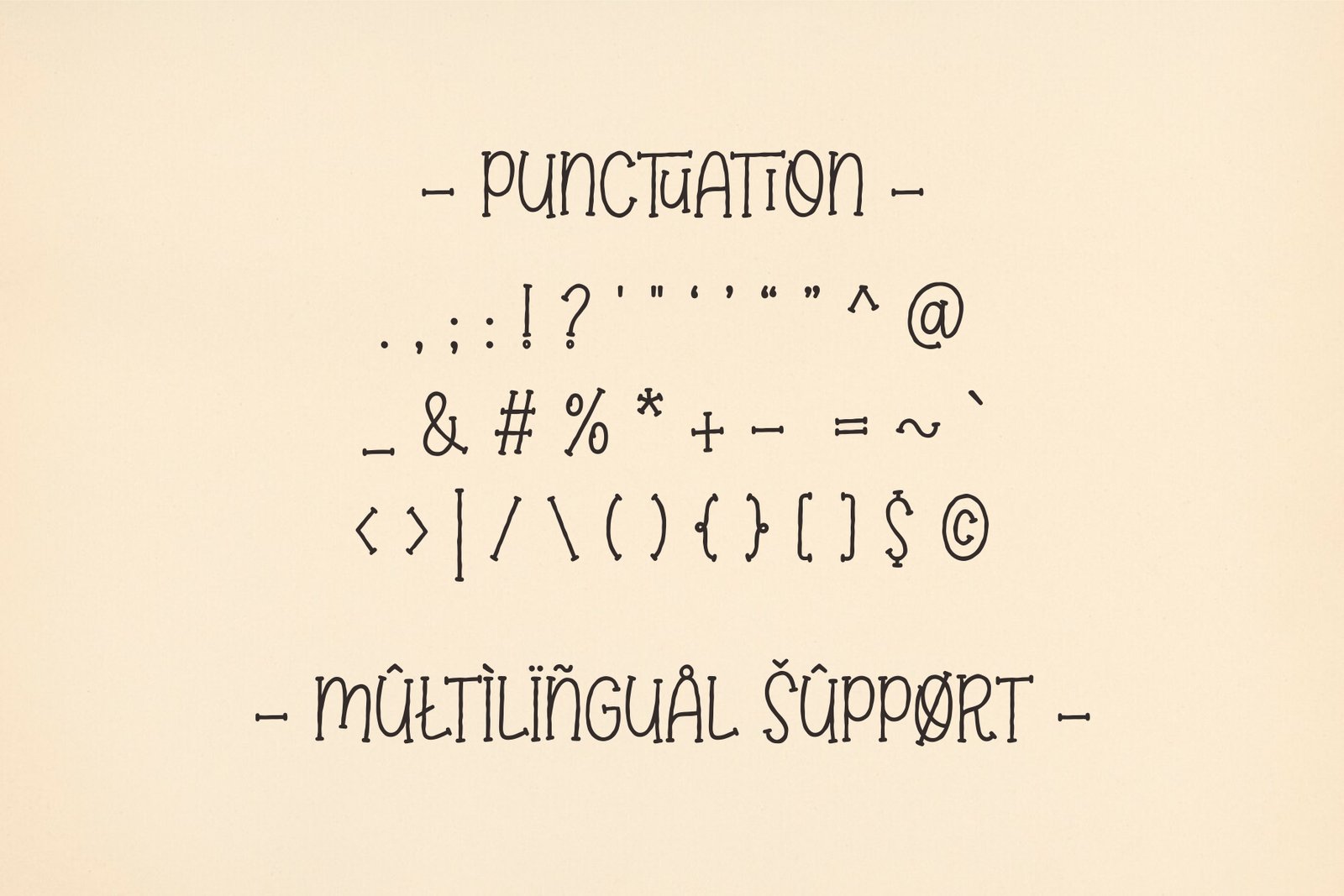 A preview of the Elabora font's punctuation marks and its support for multilingual characters.