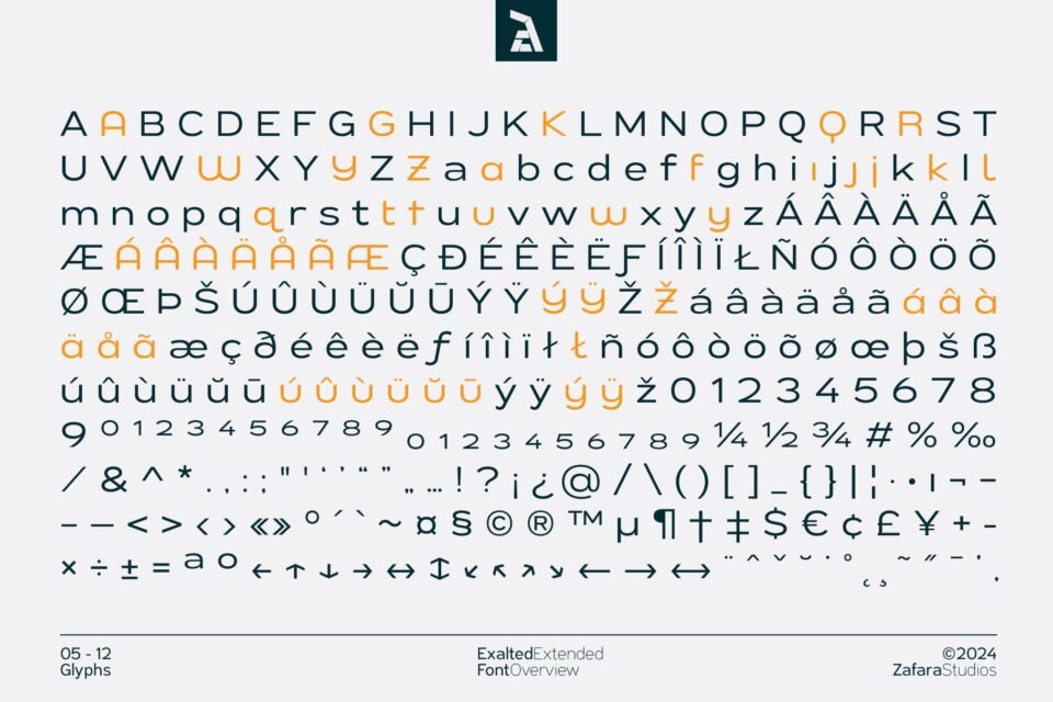 A detailed view of the complete glyph set for the Exalted Extended font, including all characters, numbers, symbols, and multilingual support.