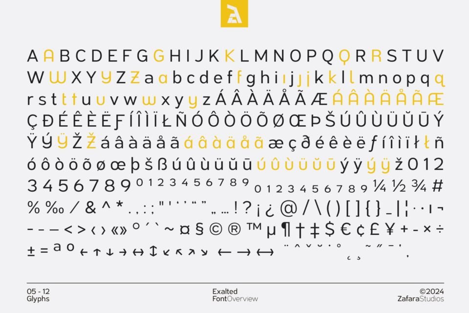 A comprehensive display of the Exalted font's full glyph set, including all uppercase and lowercase letters, numbers, symbols, and multilingual characters.