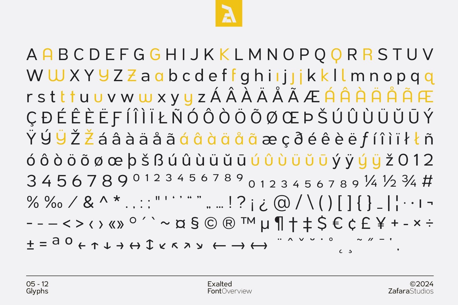 A comprehensive display of the Exalted font's full glyph set, including all uppercase and lowercase letters, numbers, symbols, and multilingual characters.