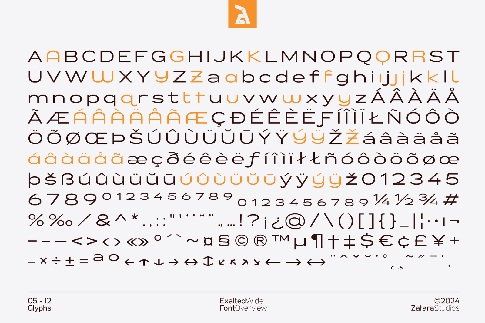 A comprehensive display of the Exalted Wide font's full glyph set, including all uppercase and lowercase letters, numbers, symbols, and multilingual characters.