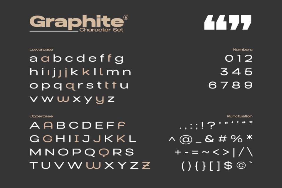 A complete character set of the Graphite font, including lowercase, uppercase letters, numbers, and various punctuation marks.