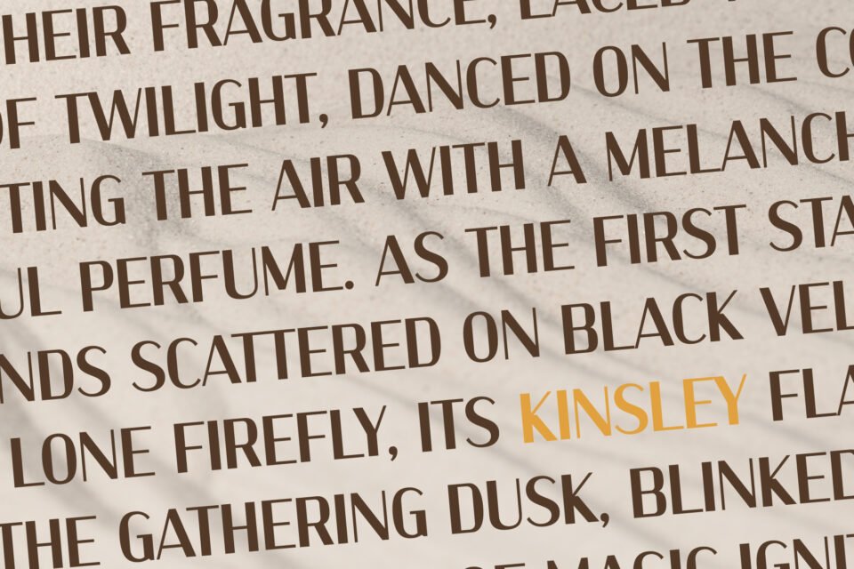 Kinsley Sans font used in a paragraph of text, with one word highlighted in yellow, demonstrating its readability in longer form.