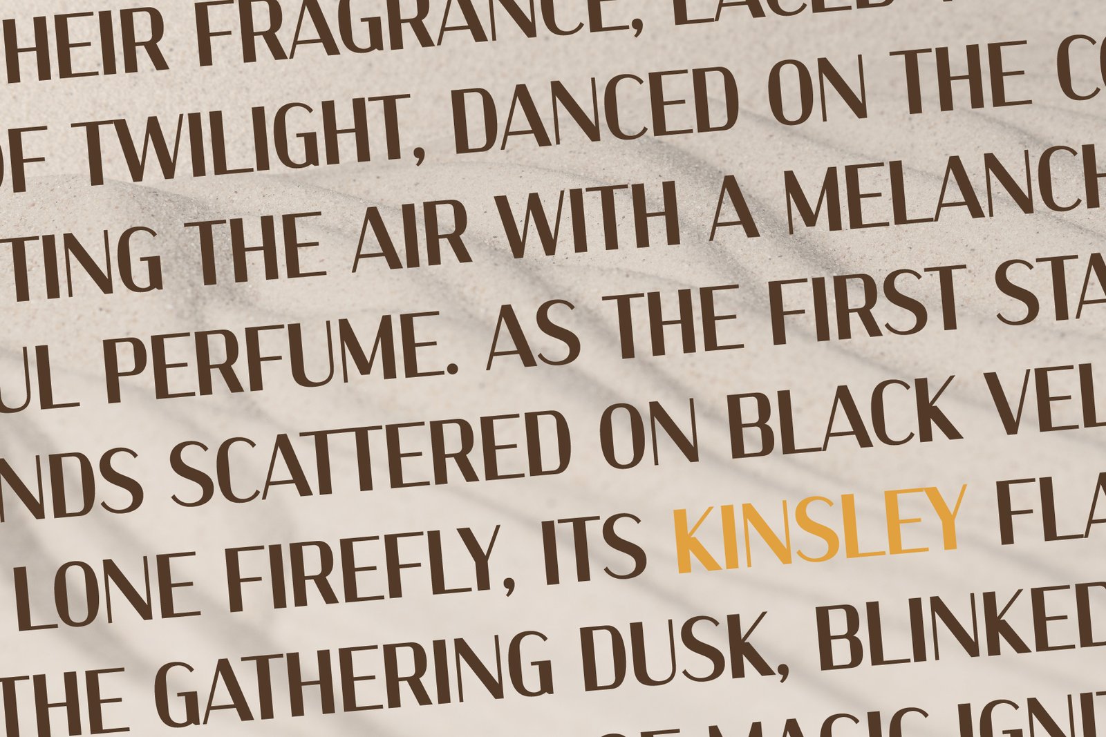 Kinsley Sans font used in a paragraph of text, with one word highlighted in yellow, demonstrating its readability in longer form.