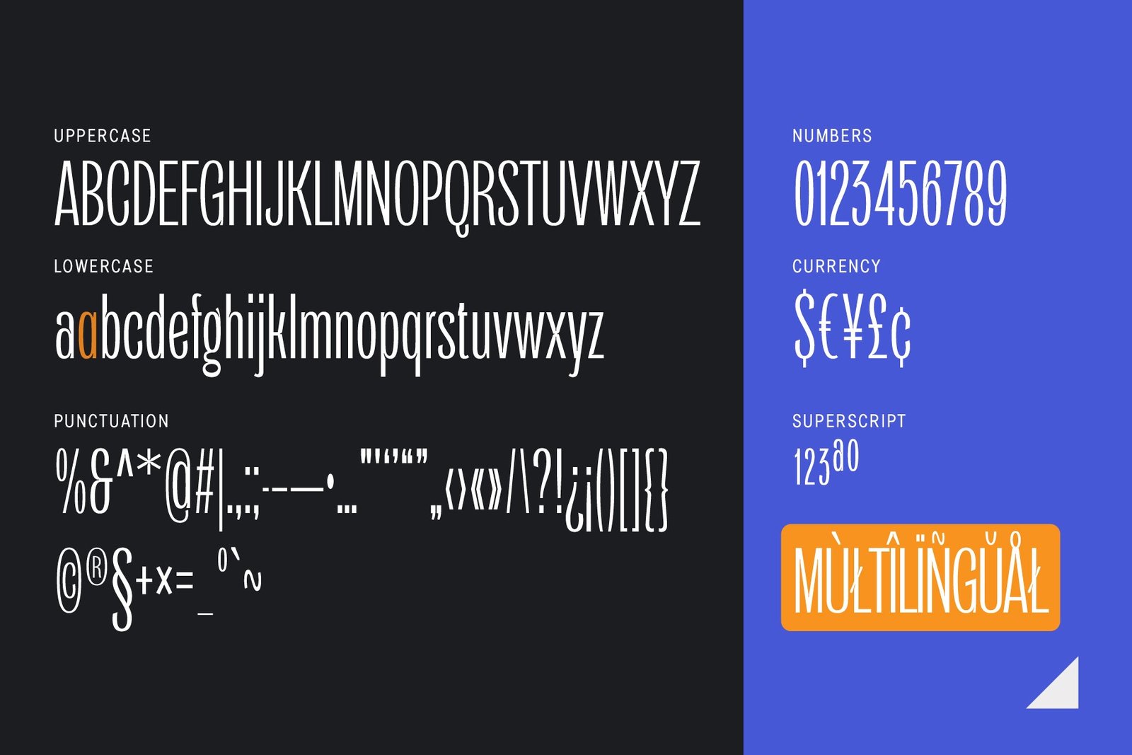 The full character set for the Orstavic font, showing uppercase and lowercase letters, numbers, punctuation, currency symbols, and multilingual characters.