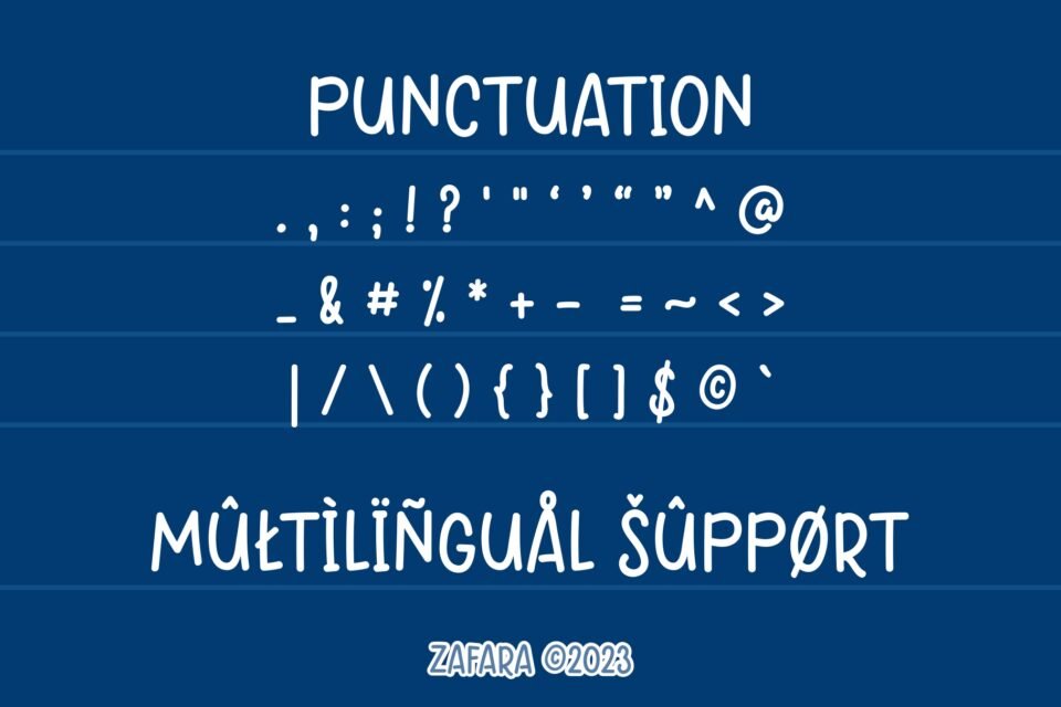 A list of punctuation marks, symbols, and multilingual characters included in the Sprightly font.