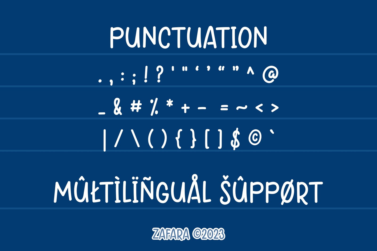 A list of punctuation marks, symbols, and multilingual characters included in the Sprightly font.