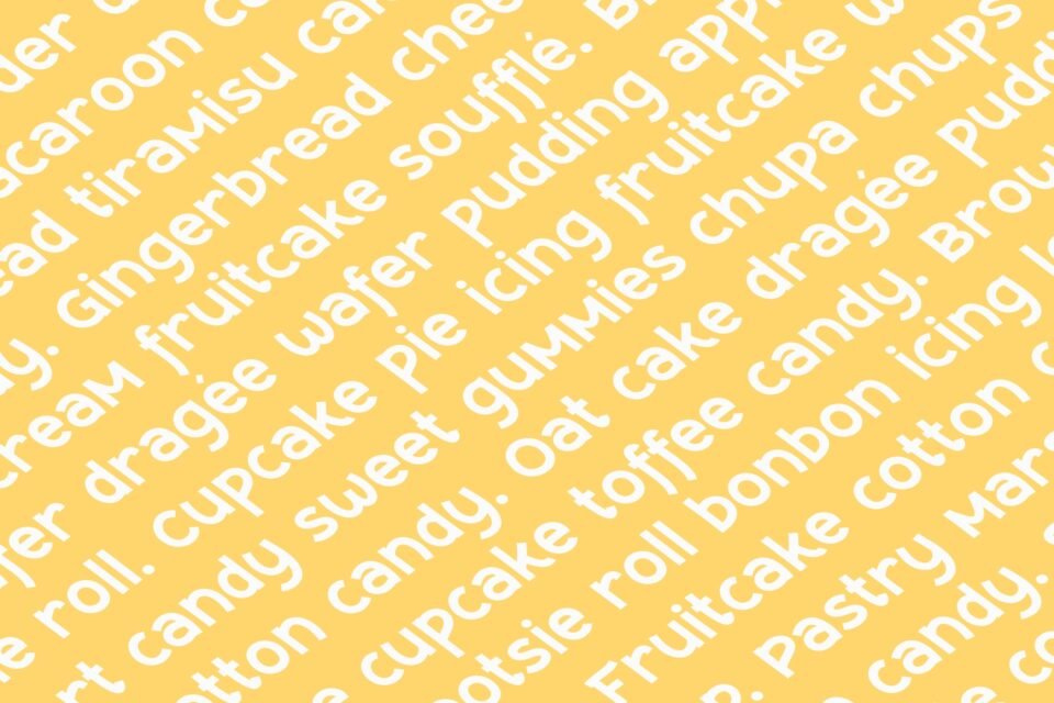 A seamless pattern made with the Candleon font, featuring a list of sweet treats.