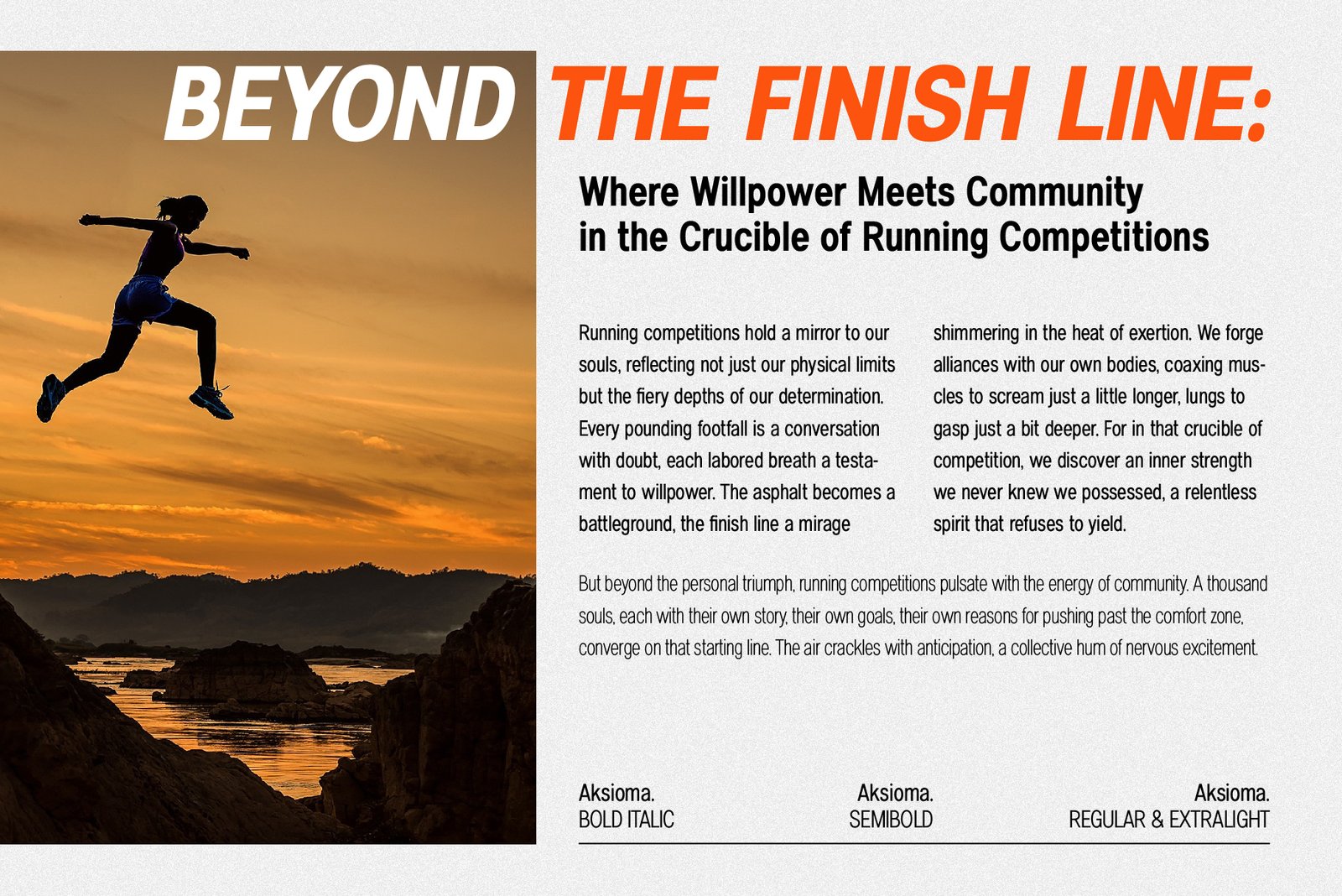 A woman running with a dramatic sunset background, featuring the Aksioma font in bold title and body text about willpower and community in running.