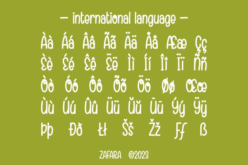 A chart of international language characters and diacritics supported by the Branchery font.