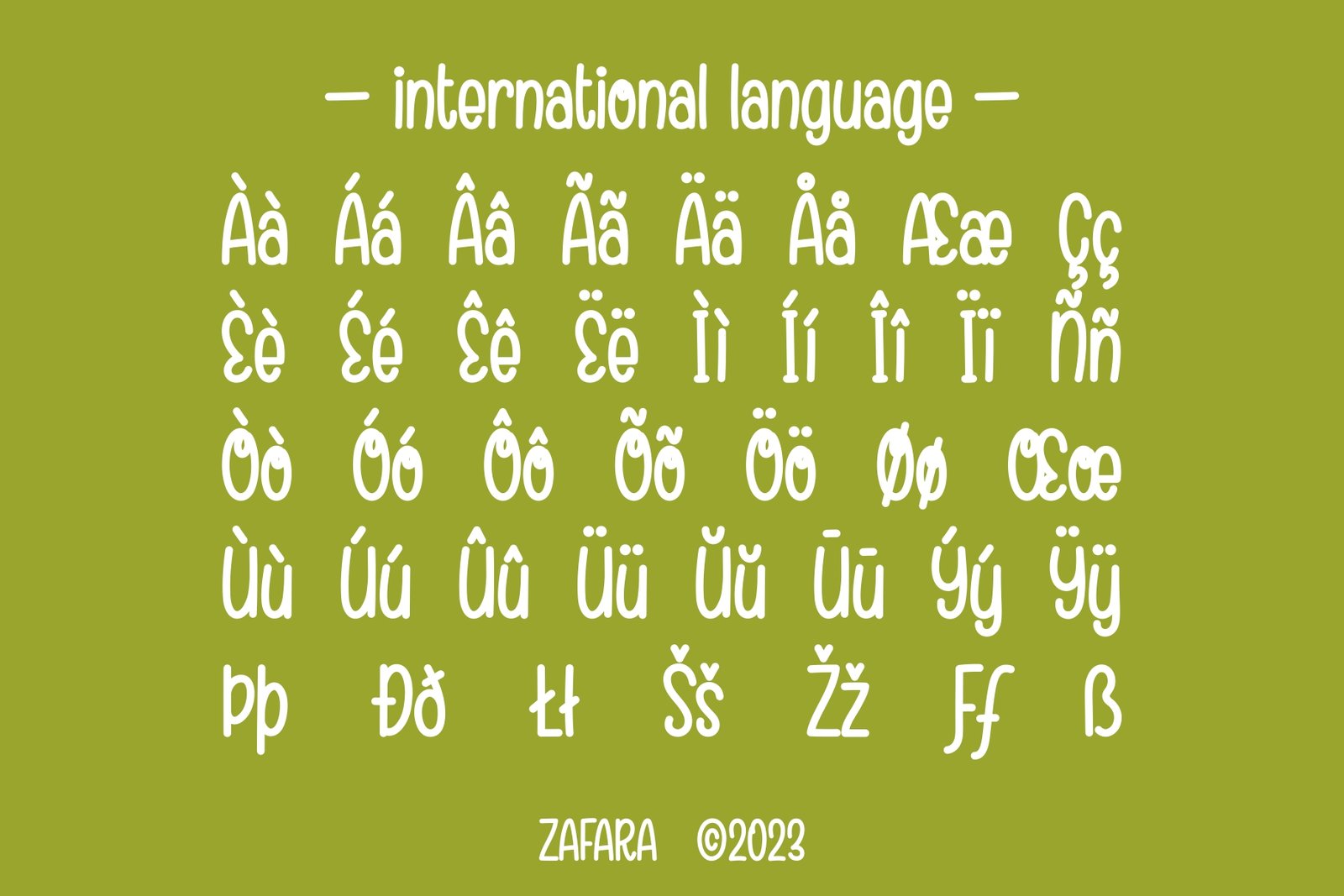 A chart of international language characters and diacritics supported by the Branchery font.