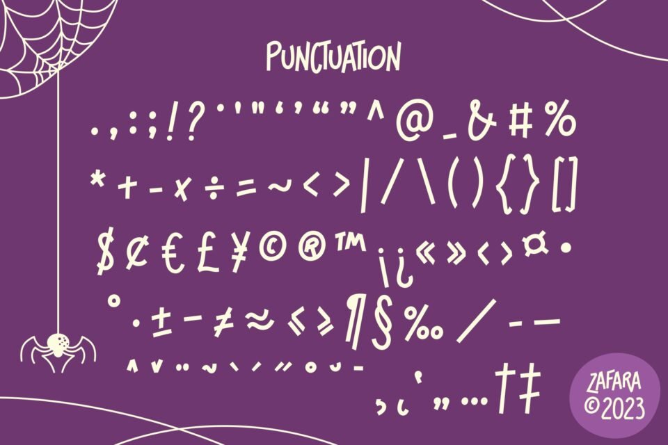 Punctuation and special symbols included in the Cloriatte font, with a spider web design.
