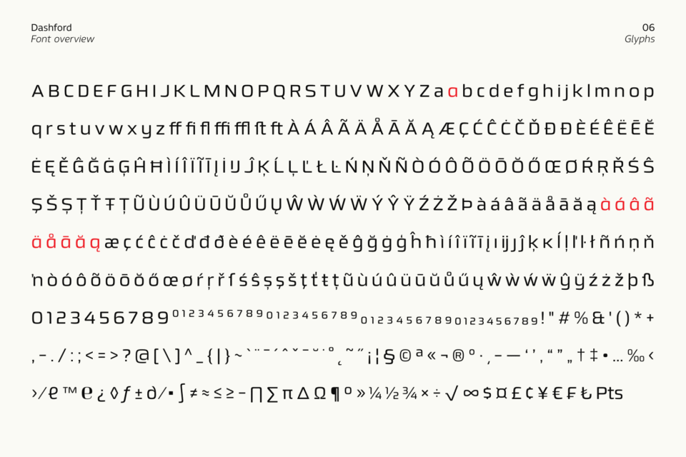 A complete overview of all the glyphs in the Dashford font, including uppercase and lowercase letters, numbers, symbols, and various accented characters.