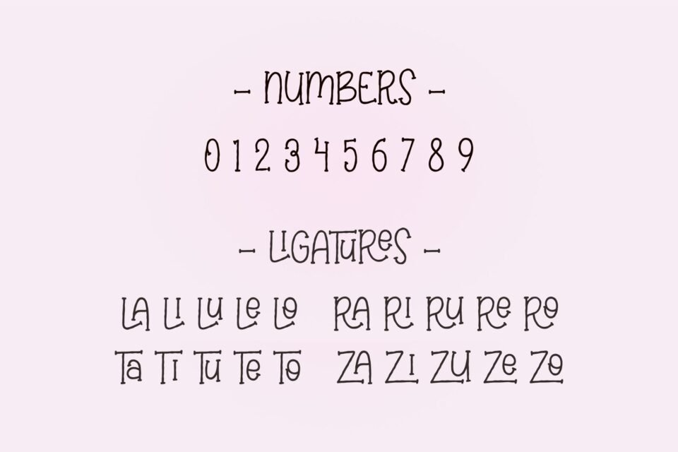 The Elabora font showing its number set from 0 to 9 and a list of creative ligatures.