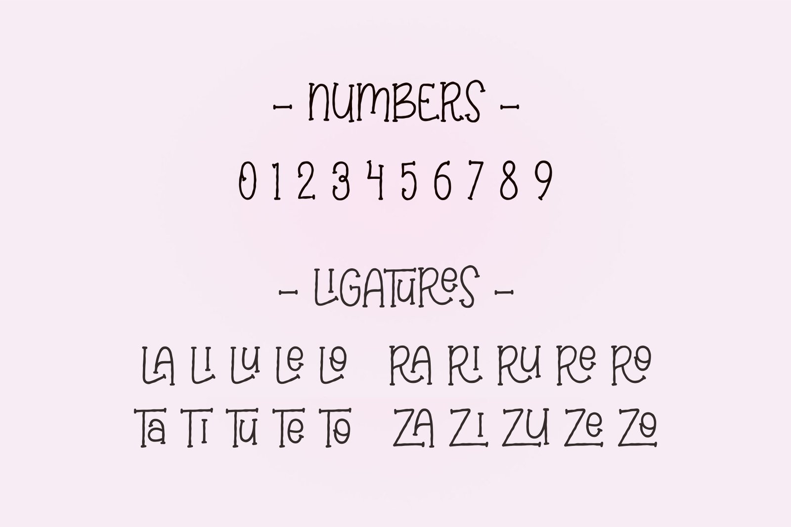 The Elabora font showing its number set from 0 to 9 and a list of creative ligatures.