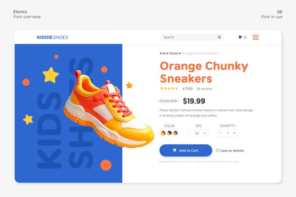 Etenira font used on an e-commerce website product page for "Orange Chunky Sneakers".