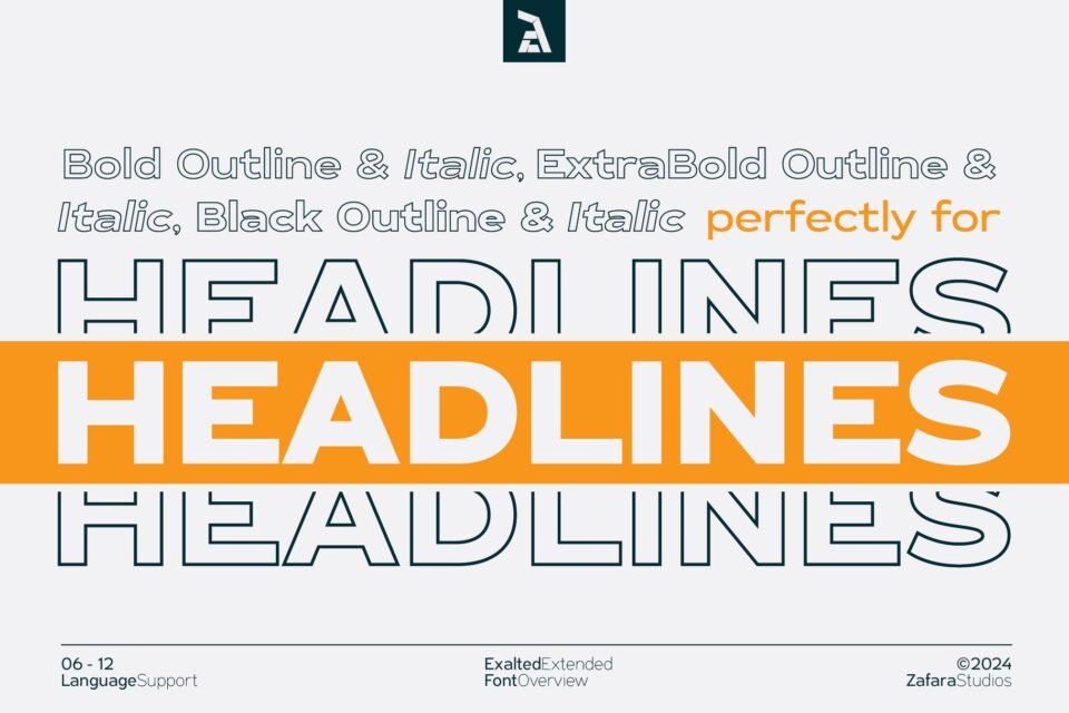 The word "HEADLINES" is displayed in the Bold Outline, ExtraBold Outline, and Black Outline styles of the Exalted Extended font, with a solid version highlighted.