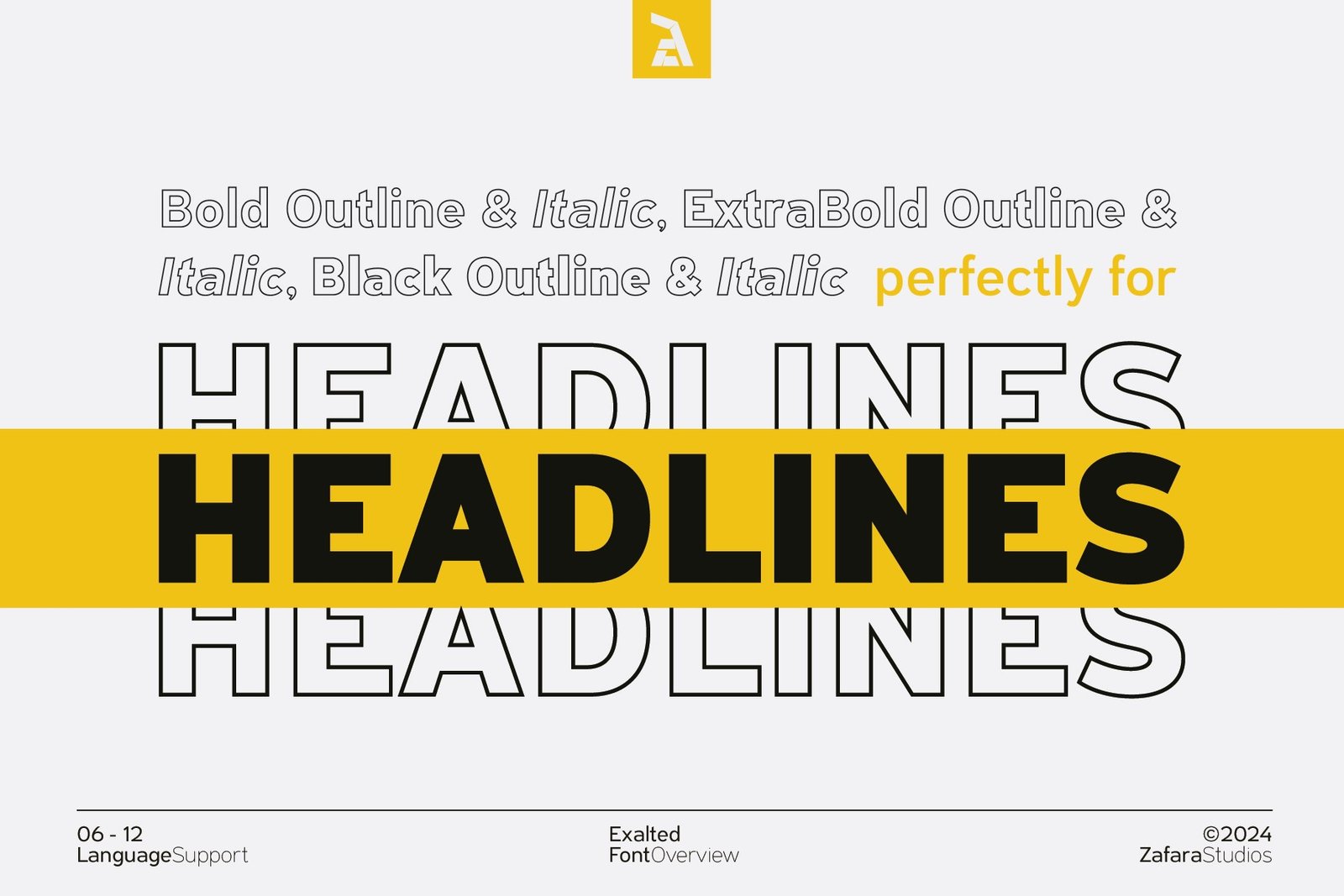 The word "HEADLINES" is displayed in various Exalted font styles, including outline and solid versions, to show how it's perfect for headlines.