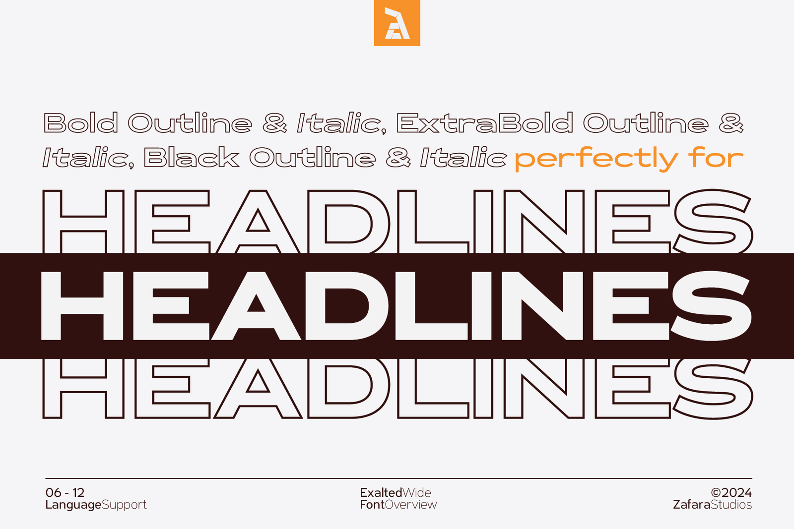 The word "HEADLINES" is displayed in various Exalted Wide font styles, including outline and solid versions, to show how it's perfect for headlines.