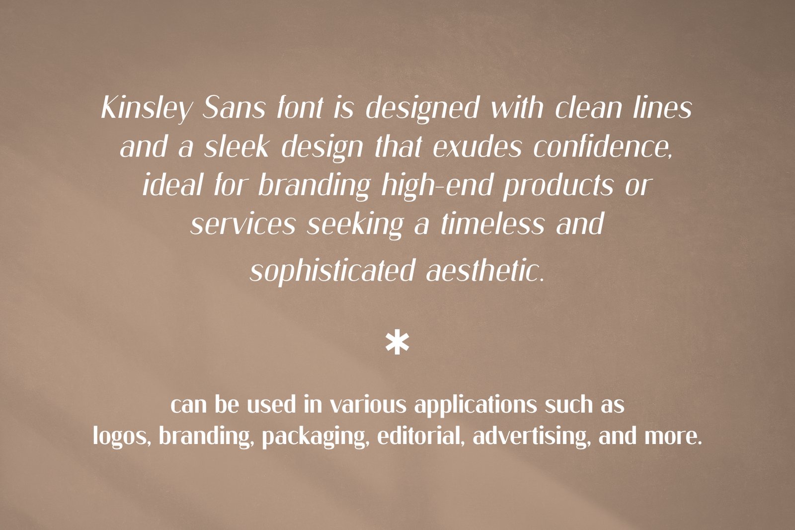 A descriptive text about Kinsley Sans font, stating it's designed with clean lines and is ideal for branding high-end products seeking a timeless aesthetic.