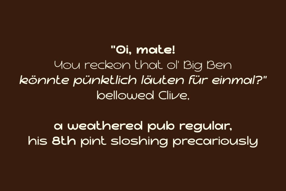 A sample text in Komika Sans, showcasing a mix of English and German words to demonstrate multilingual support.