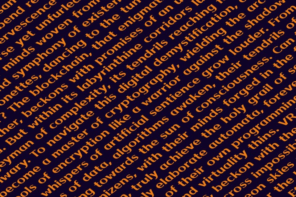 A close-up, textured detail shot of a paragraph of text using the Kripto font, set against a dark blue background. The words are diagonal and in orange.