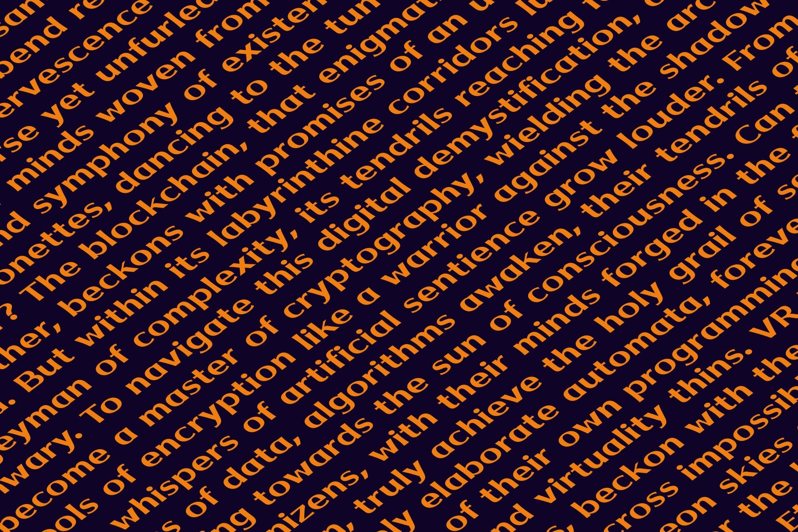 A close-up, textured detail shot of a paragraph of text using the Kripto font, set against a dark blue background. The words are diagonal and in orange.