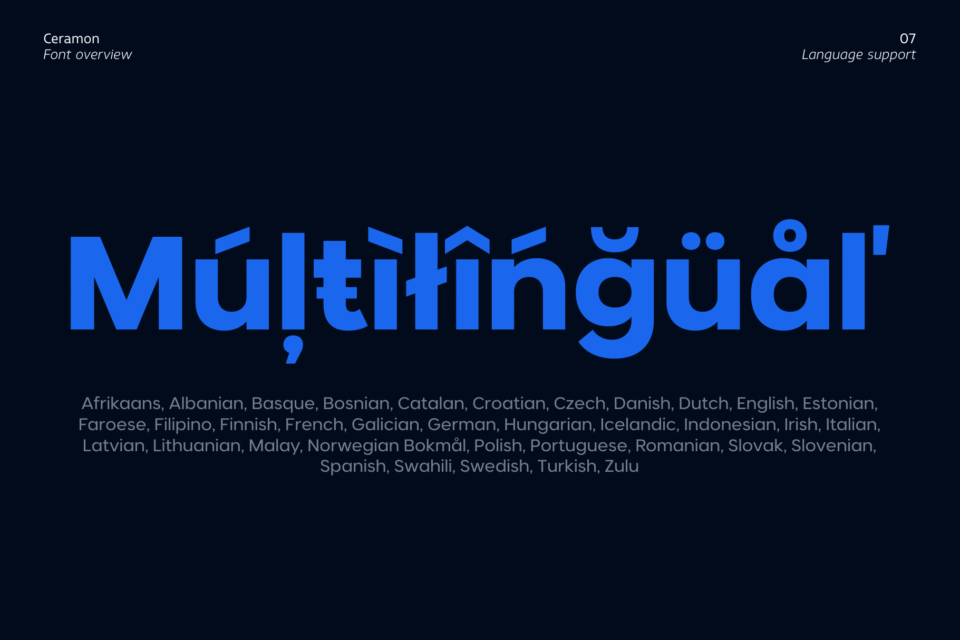 The word "Múltìlíñgūàl" displayed in Ceramon, followed by a list of supported languages.
