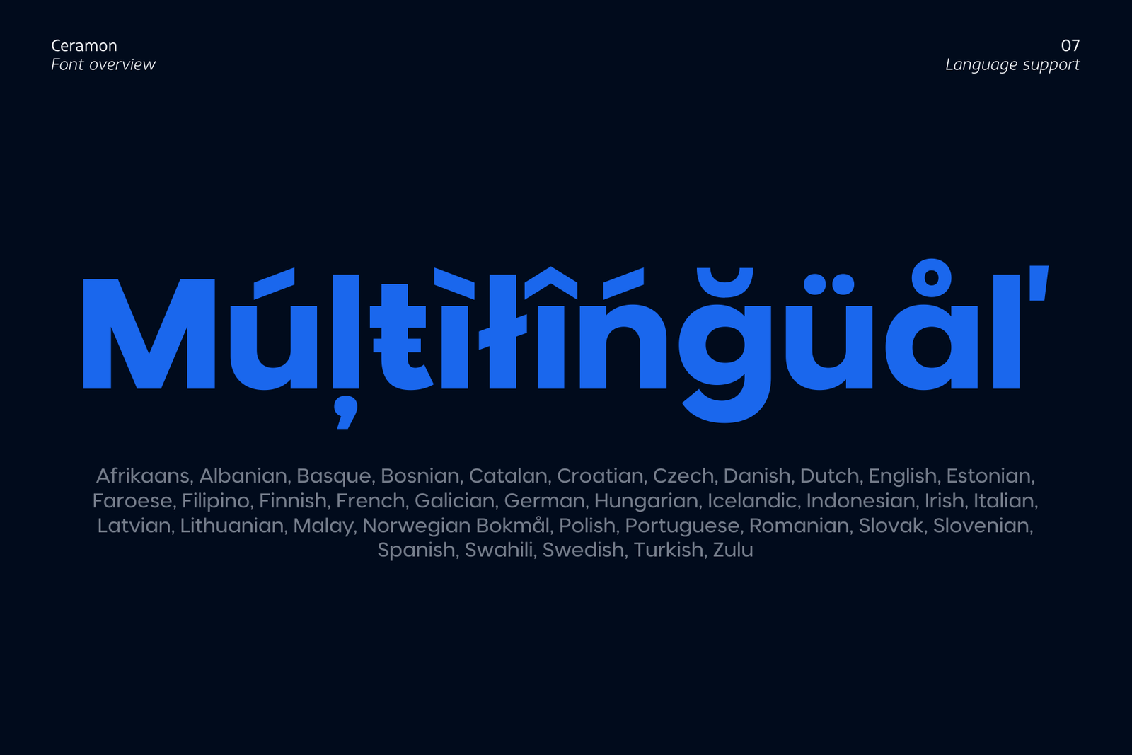 The word "Múltìlíñgūàl" displayed in Ceramon, followed by a list of supported languages.