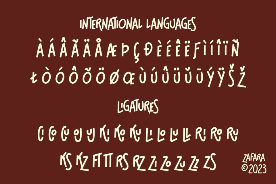 International language characters and ligatures available in the Cloriatte font.