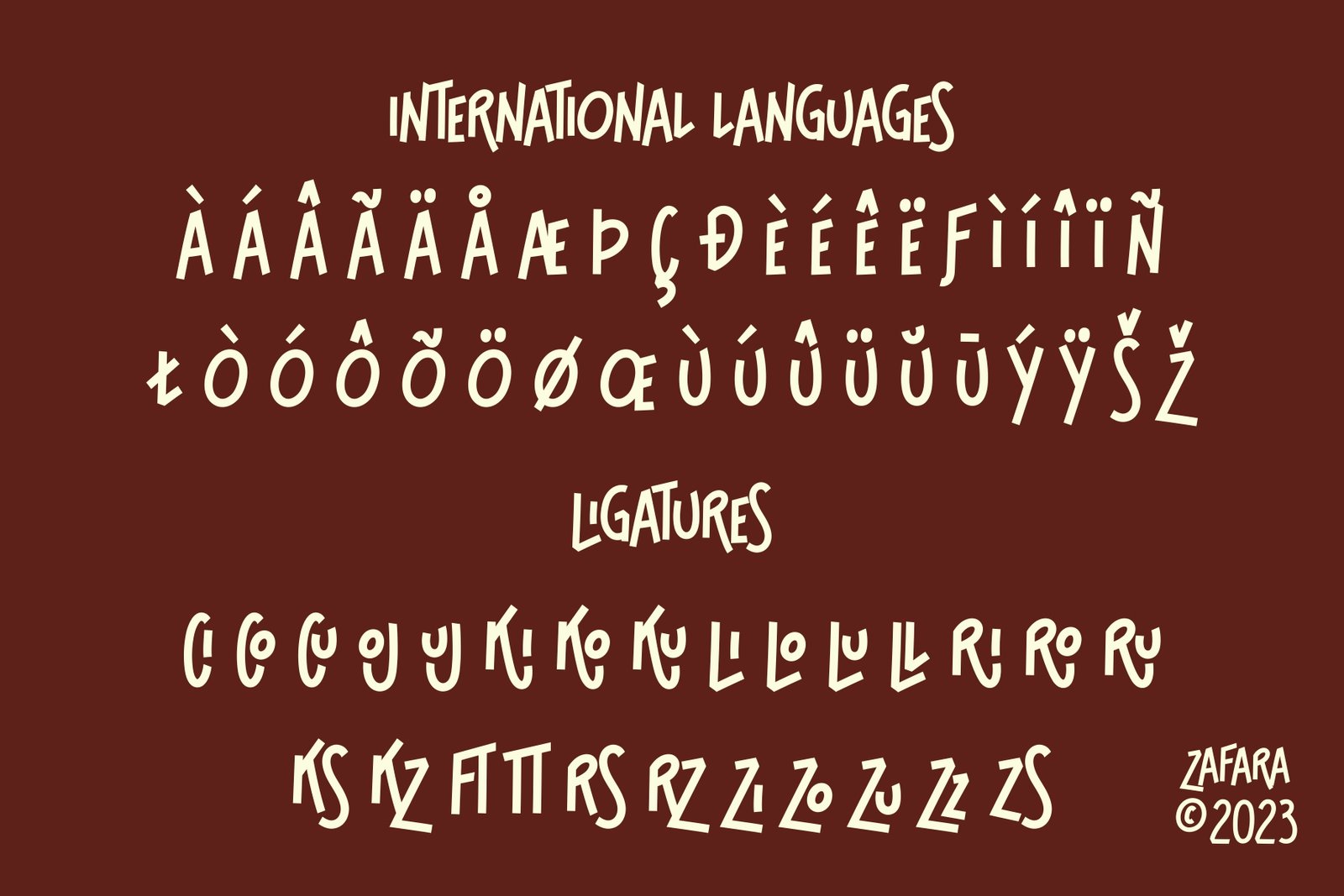 International language characters and ligatures available in the Cloriatte font.