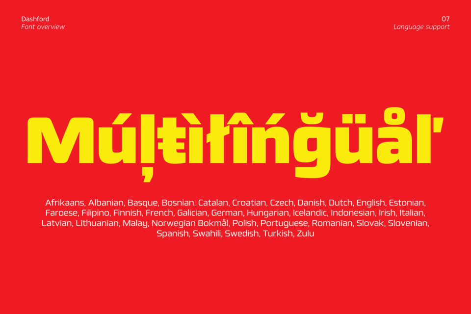 The word "Multilingual" is displayed in the Dashford font in a large yellow font on a red background. Below it is a list of languages the font supports.