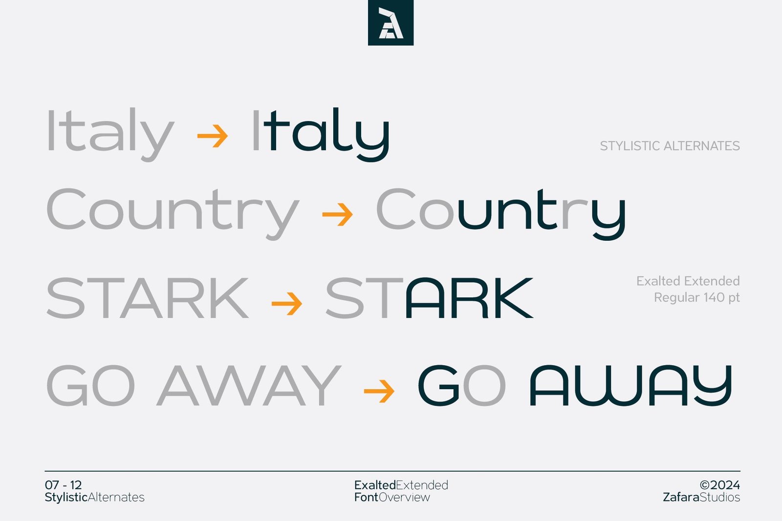 A comparison of standard and stylistic alternate characters in the Exalted Extended font, showing variations for letters in words like "Italy" and "Country."