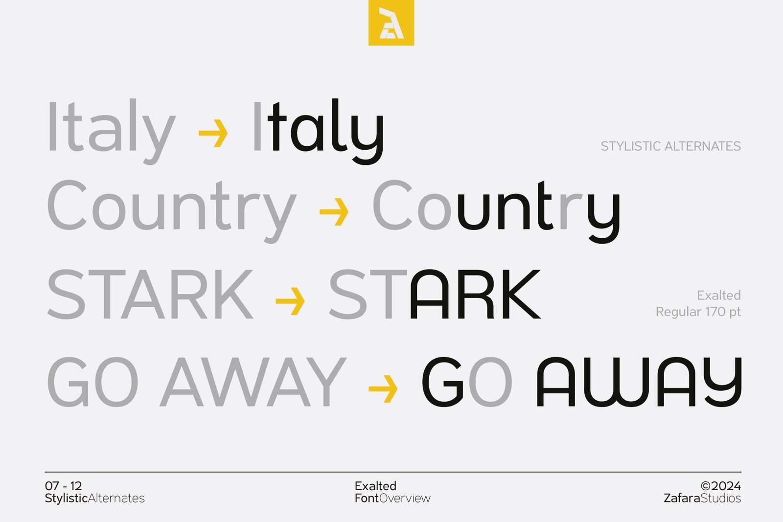 Examples of stylistic alternate letters in the Exalted font, showing how words like "Italy" and "Country" can be modified for unique typographic styles.