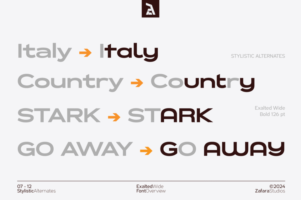 Examples of stylistic alternate letters in the Exalted Wide font, showing how words like "Italy" and "Country" can be modified for unique typographic styles.