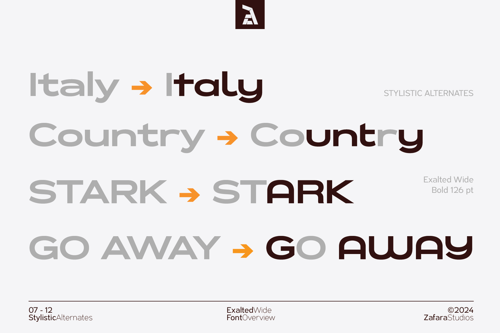Examples of stylistic alternate letters in the Exalted Wide font, showing how words like "Italy" and "Country" can be modified for unique typographic styles.