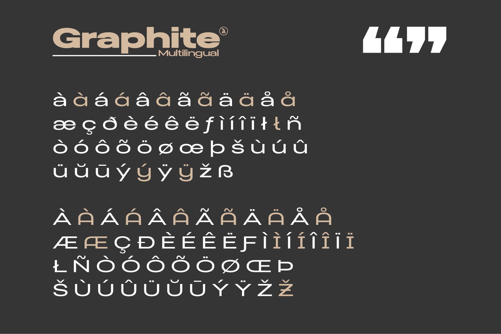 A display of multilingual characters and diacritics supported by the Graphite font.