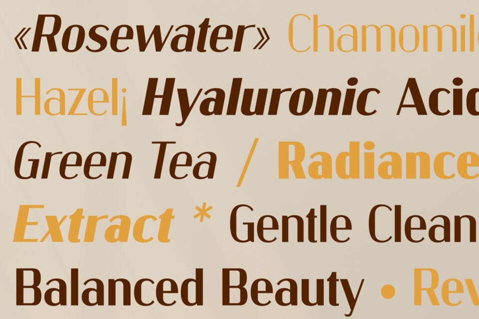 Kinsley Sans font showcasing a mix of different weights and colors to highlight various words like "Rosewater," "Hyaluronic Acid," and "Radiance."