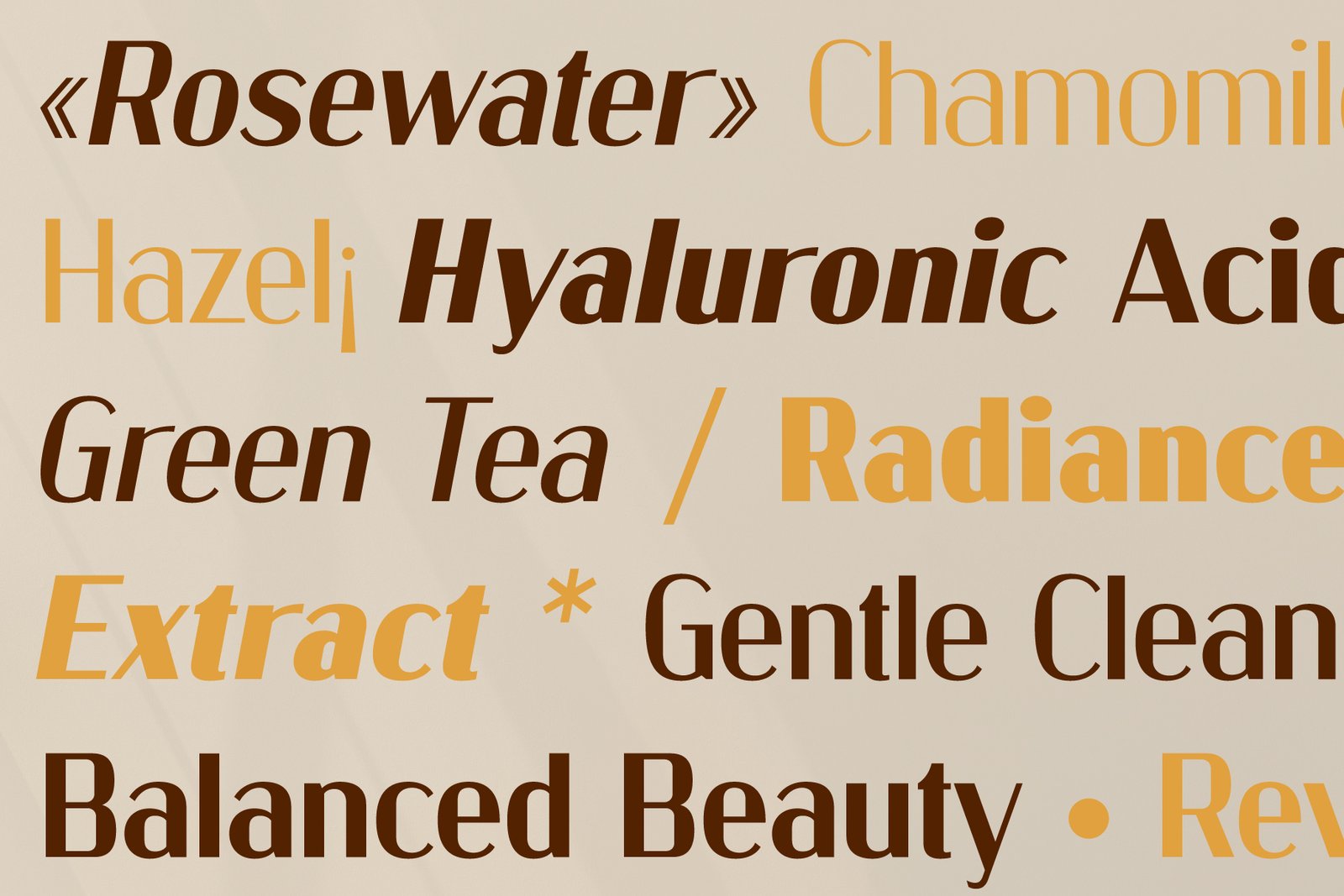Kinsley Sans font showcasing a mix of different weights and colors to highlight various words like "Rosewater," "Hyaluronic Acid," and "Radiance."