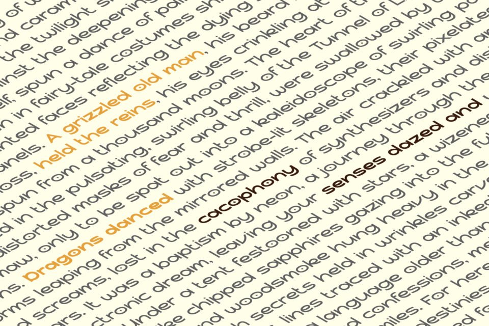 A diagonal text block using the Komika Sans font, highlighting specific words in a different color.